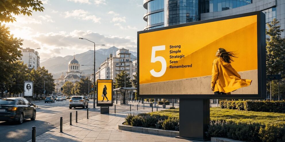 5 принципа за впечатляваща външна реклама Ярко осветен билборд на градска улица по залез, символизиращ впечатляваща външна реклама с ясно послание