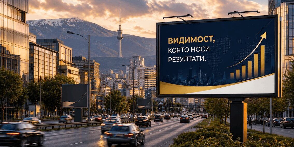 Билборд реклама на натоварен булевард в София по залез, символизиращ цената и ефективността на външната реклама в България